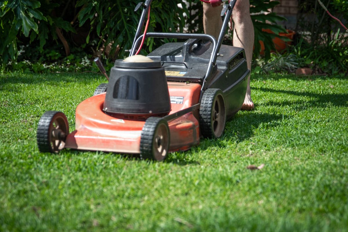 A lawn mower on a green lawn